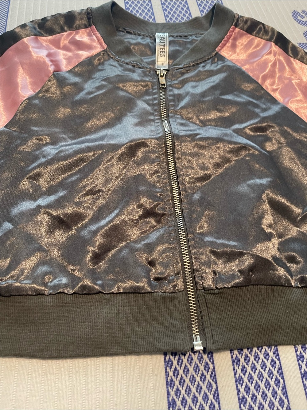 Beautees Girls 16 Gray&Pink Satin Bomber Jacket with Embroidered Flowers on back